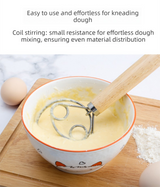 Double Loop Danish Dough Whisk with Long Oak Handle - 13 Inch Stainless Steel Bread Mixer Tool for Sourdough & Heavy Batter - Hand Held Flour Blender (Two Eye Design)