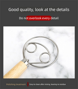 Double Loop Danish Dough Whisk with Long Oak Handle - 13 Inch Stainless Steel Bread Mixer Tool for Sourdough & Heavy Batter - Hand Held Flour Blender (Two Eye Design)