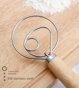 Triple Loop Danish Dough Whisk with Long Oak Handle - 13 Inch Stainless Steel Bread Mixer for Sourdough, Eggs & Batter - Hand Held Flour Blender (3 Eye Design) - Side View