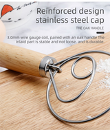 Triple Loop Danish Dough Whisk with Long Oak Handle - 13 Inch Stainless Steel Bread Mixer for Sourdough, Eggs & Batter - Hand Held Flour Blender (3 Eye Design)