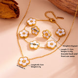 White Shell Five-Petal Flower Stud Earrings - 18K Gold Plated Stainless Steel Floral Jewellery for Women - Hypoallergenic & Tarnish Resistant (13mm) - Front View