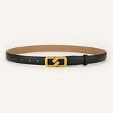 Womens Genuine Leather Belt Black 2.3cm Wide Gold Buckle Waist Strap for Jeans & Dresses Elegant Fashion Accessory