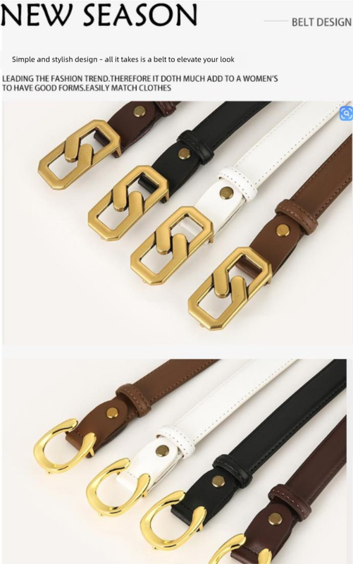 Womens Genuine Leather Belt Black 2.3cm Wide Gold Buckle Waist Strap for Jeans & Dresses Elegant Fashion Accessory
