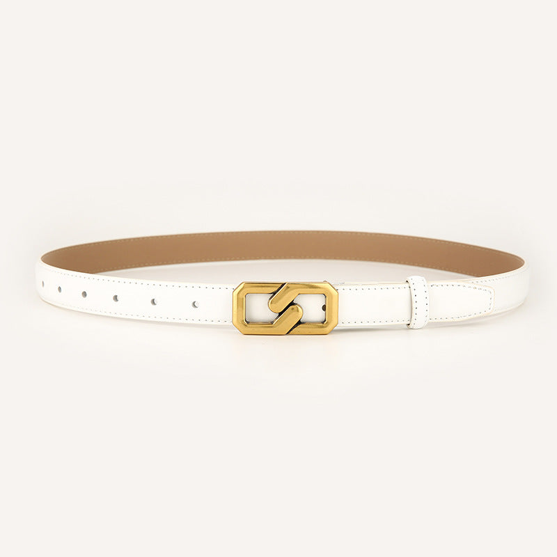 Womens Genuine Leather Belt White 2.3cm Wide Gold Buckle Waist Strap for Jeans & Dresses Elegant Fashion Accessory