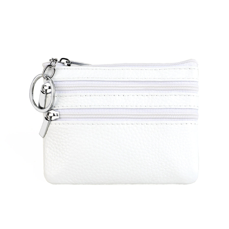 Genuine Leather Coin Purse Mini Wallet with Triple Zipper Pockets Key Ring Holder Pouch for Cash & Cards - White