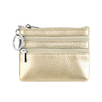 Genuine Leather Coin Purse Mini Wallet with Triple Zipper Pockets Key Ring Holder Pouch for Cash & Cards - Gold