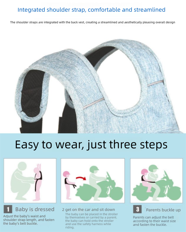 Children Motorcycle Safety Harness for Electric Bike Adjustable Kids Security Strap with Storage Bag Grey Anti-Fall Protection Gear Front and Rear Use