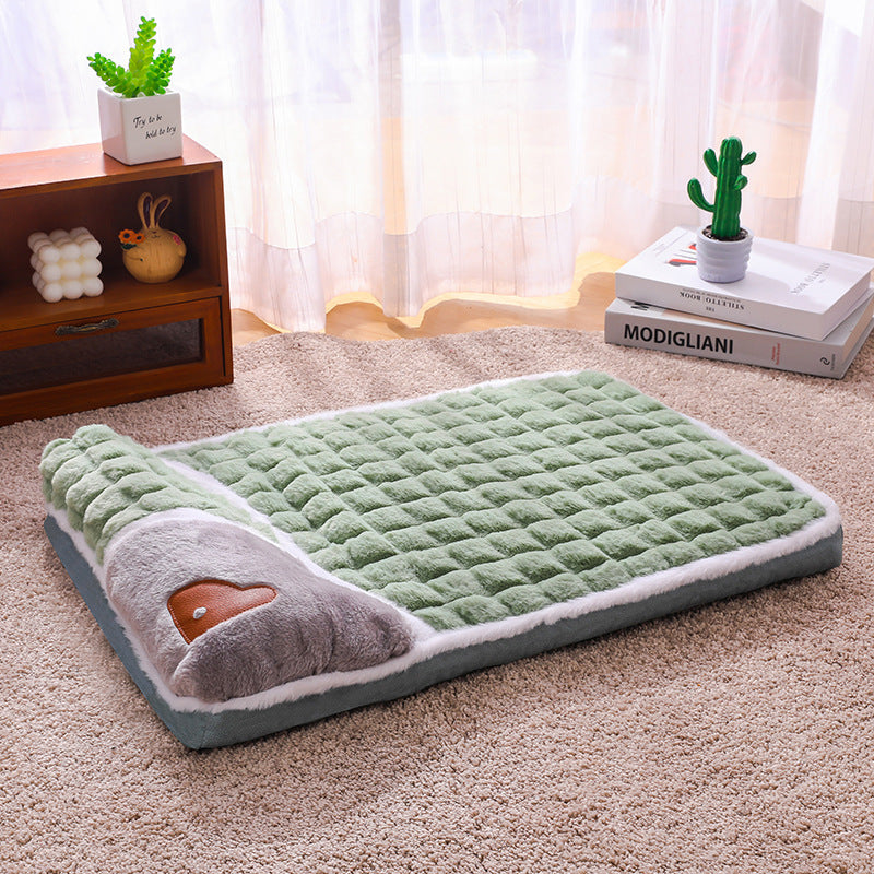 Thickened Pet Sofa Bed L Size 60x40cm Green Dog Mat with Integrated Pillow Soft Washable Sleeping Pad for Dogs and Cats All Season Comfort