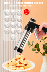 Stainless Steel Cookie Press Maker Kit Black Biscuit Machine with 13 Disc Molds 8 Icing Tips and Sponge Cleaning Brush