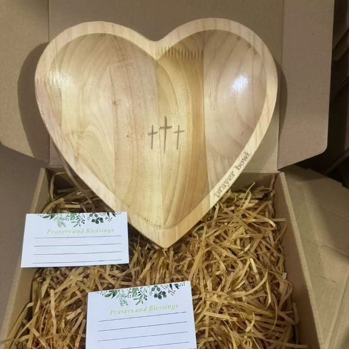 Handcrafted Heart Shaped Wooden Prayer Bowl with Prayer Cards and Raffia Natural Wood Grain Spiritual Gift for Home