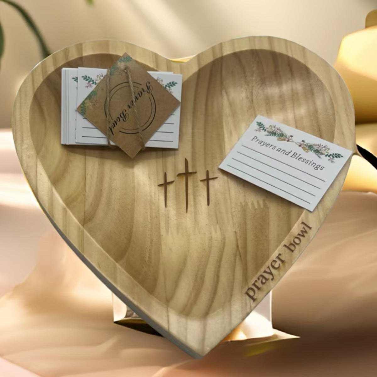 Handcrafted Heart Shaped Wooden Prayer Bowl with Prayer Cards and Raffia Natural Wood Grain Spiritual Gift for Home