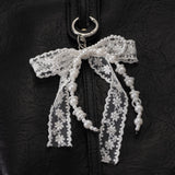 Korean Style Designer Faux Pearl and Fabric Bow Bag Charm Elegant White Ribbon Bow Keychain for Handbags and Car Keys - Front View