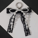 Korean Style Designer Faux Pearl and Fabric Bow Bag Charm Elegant Black Ribbon Bow Keychain for Handbags and Car Keys