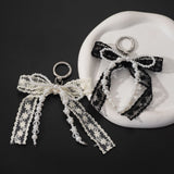 Korean Style Designer Faux Pearl and Fabric Bow Bag Charm Elegant Beige Ribbon Bow Keychain for Handbags and Car Keys