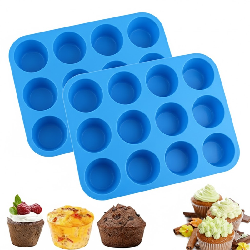 2PCS Blue Food Grade Silicone Cake Mould 12 Cup Round Cupcake Pan Easy Release Non Stick Baking Trays