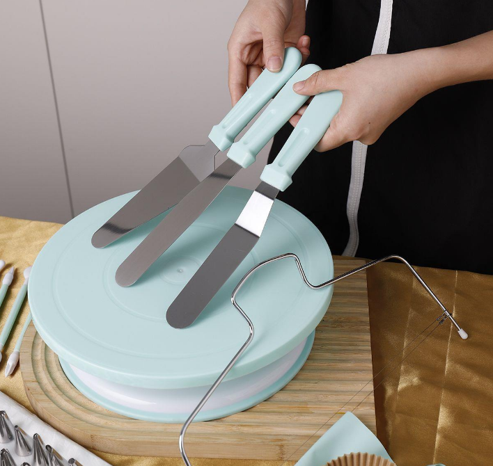 207 Pieces Cake Decorating Kit with Nordic Pink Revolving Turntable Icing Tips and Spatulas Complete Baking Tool Set