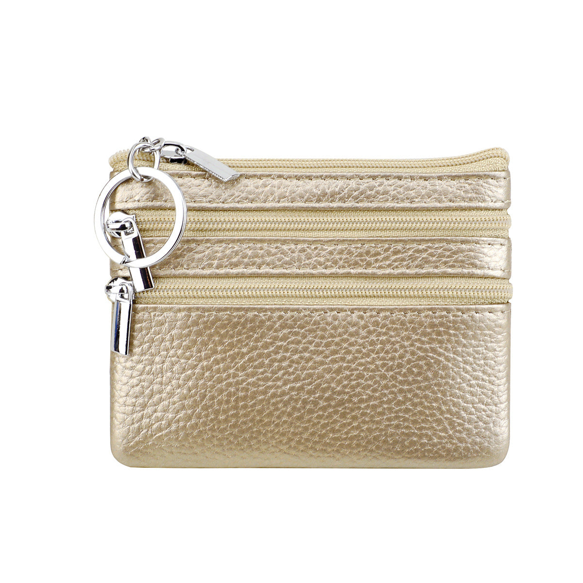 Genuine Leather Coin Purse Mini Wallet with Triple Zipper Pockets Key Ring Holder Pouch for Cash & Cards - Champagne color
