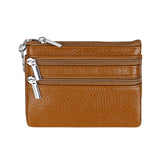 Genuine Leather Coin Purse Mini Wallet with Triple Zipper Pockets Key Ring Holder Pouch for Cash & Cards - Camel colour