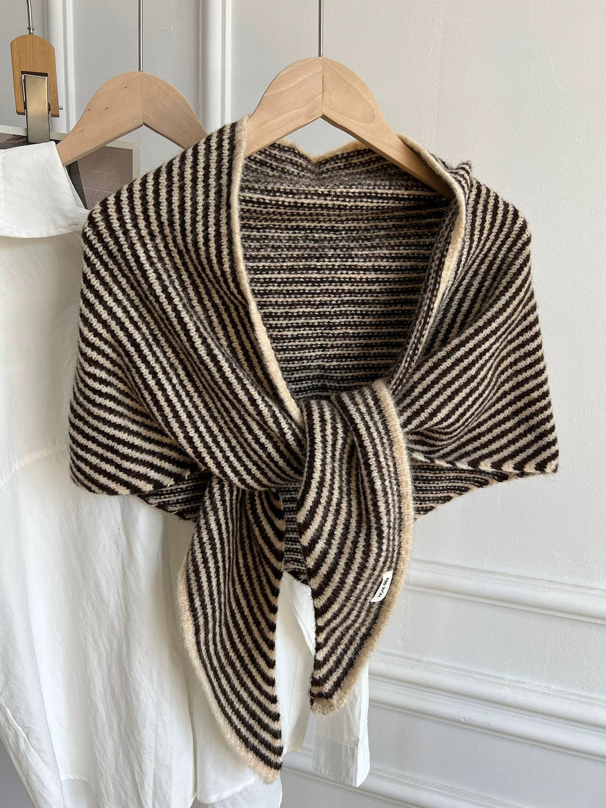 Light Khaki Striped Wool Blend Knitted Triangle Scarf - Soft Warm Shawl Neck Wrap for Women - Chic Autumn Layering Accessory - Beige
