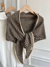 Light Khaki Striped Wool Blend Knitted Triangle Scarf - Soft Warm Shawl Neck Wrap for Women - Chic Autumn Layering Accessory - Beige