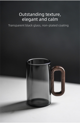 Smoky Grey Glass Tea Cup with Wooden Handle 360ml Heat-Resistant Hand-Blown Coffee Mug Modern Minimalist Drinkware - Side View