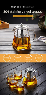 750ml Heat Resistant Glass Teapot with 304 Stainless Steel Infuser Thickened Square Base Loose Leaf Tea Maker for Home Office - Front View