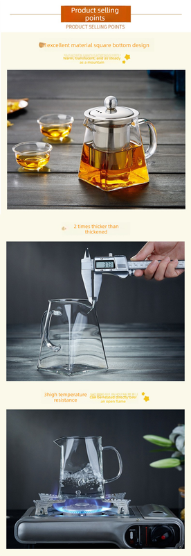 750ml Heat Resistant Glass Teapot with 304 Stainless Steel Infuser Thickened Square Base Loose Leaf Tea Maker for Home Office