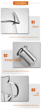 750ml Heat Resistant Glass Teapot with 304 Stainless Steel Infuser Thickened Square Base Loose Leaf Tea Maker for Home Office - 45-Degree Angle