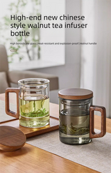 400ml Smoky Grey Borosilicate Glass Tea Mug with Infuser and Wooden Handle Loose Leaf Teacup for Office - Front View