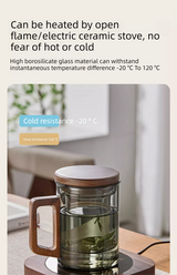400ml Smoky Grey Borosilicate Glass Tea Mug with Infuser and Wooden Handle Loose Leaf Teacup for Office - Close-Up Angle