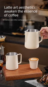 350ml Stainless Steel Milk Frothing Pitcher Pointed Spout Steaming Jug with Measurement Marks for Latte Art Home Baristas White - Front View