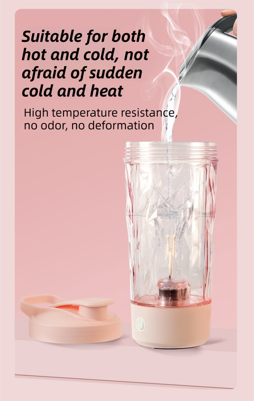 500ML Pink Portable Diamond Electric Shaker - Strong Vortex Stirring, Dual Temperature Endurance & Self-Cleaning for Protein Powder Coffee