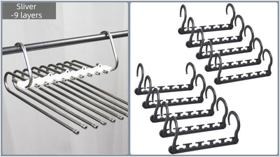 Ultimate Closet Space-Saver Set: 9-Tier Sliver Stainless Steel Retractable Pants Rack & 10-Pack Multi-Port Magic Hangers