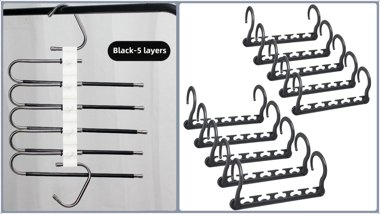 5-Tier Black Stainless Steel Pants Rack and 10-Pack Magic Cascading Hangers Set - Space-Saving Closet Organizer Kit