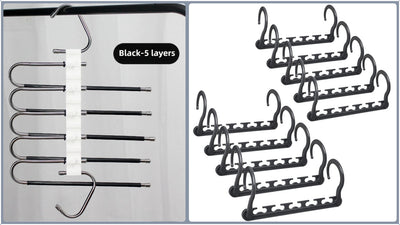 5-Tier Black Stainless Steel Pants Rack and 10-Pack Magic Cascading Hangers Set - Space-Saving Closet Organizer Kit