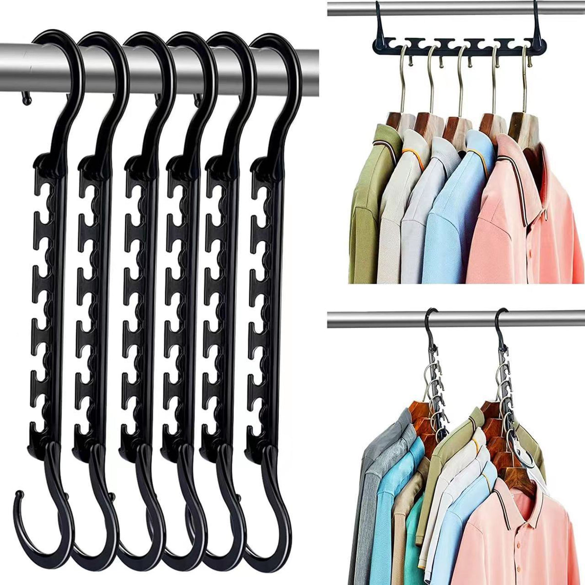 5-Tier Black Stainless Steel Pants Rack and 10-Pack Magic Cascading Hangers Set - Space-Saving Closet Organizer Kit