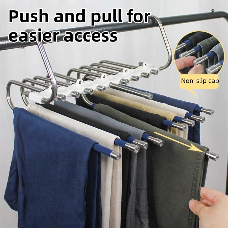 5-Tier Black Stainless Steel Pants Rack and 10-Pack Magic Cascading Hangers Set - Space-Saving Closet Organizer Kit