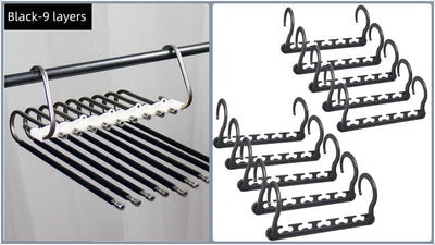 Ultimate Closet Space-Saver Set: 9-Tier Black Stainless Steel Retractable Pants Rack & 10-Pack Multi-Port Magic Hangers