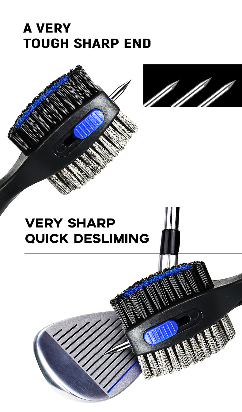 Grey Premium Golf Club Cleaning Brush Extra Large Head Dual Bristles Retractable Zip Line & Groove Cleaner Spike Anti-Slip Ergonomic Grip 29cm