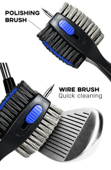 Blue Premium Golf Club Cleaning Brush Extra Large Head Dual Bristles Retractable Zip Line & Groove Cleaner Spike Anti-Slip Ergonomic Grip 29cm - Side View