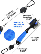 Blue Premium Golf Club Cleaning Brush Extra Large Head Dual Bristles Retractable Zip Line & Groove Cleaner Spike Anti-Slip Ergonomic Grip 29cm - 45-Degree Angle