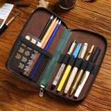 Black Genuine Crazy Horse Leather Fountain Pen Case Zippered Organiser Pouch with 5 Elastic Loops & Mesh Pocket Vintage Stationery Holder - Side View