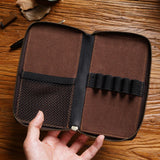 Black Genuine Crazy Horse Leather Fountain Pen Case Zippered Organiser Pouch with 5 Elastic Loops & Mesh Pocket Vintage Stationery Holder - Top-Down View