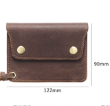 Brown Handmade Crazy Horse Leather Wallet Vintage Coin Purse Zipper Card Holder with Strap Snap Closure Top Layer Cowhide 12cm - Front View