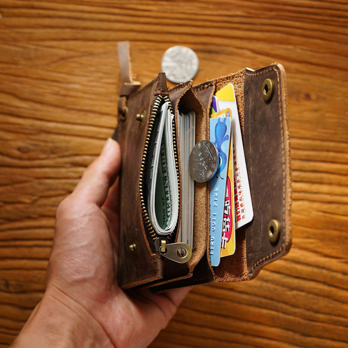 Brown Handmade Crazy Horse Leather Wallet Vintage Coin Purse Zipper Card Holder with Strap Snap Closure Top Layer Cowhide 12cm