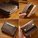 Brown Handmade Crazy Horse Leather Wallet Vintage Coin Purse Zipper Card Holder with Strap Snap Closure Top Layer Cowhide 12cm - Top-Down View