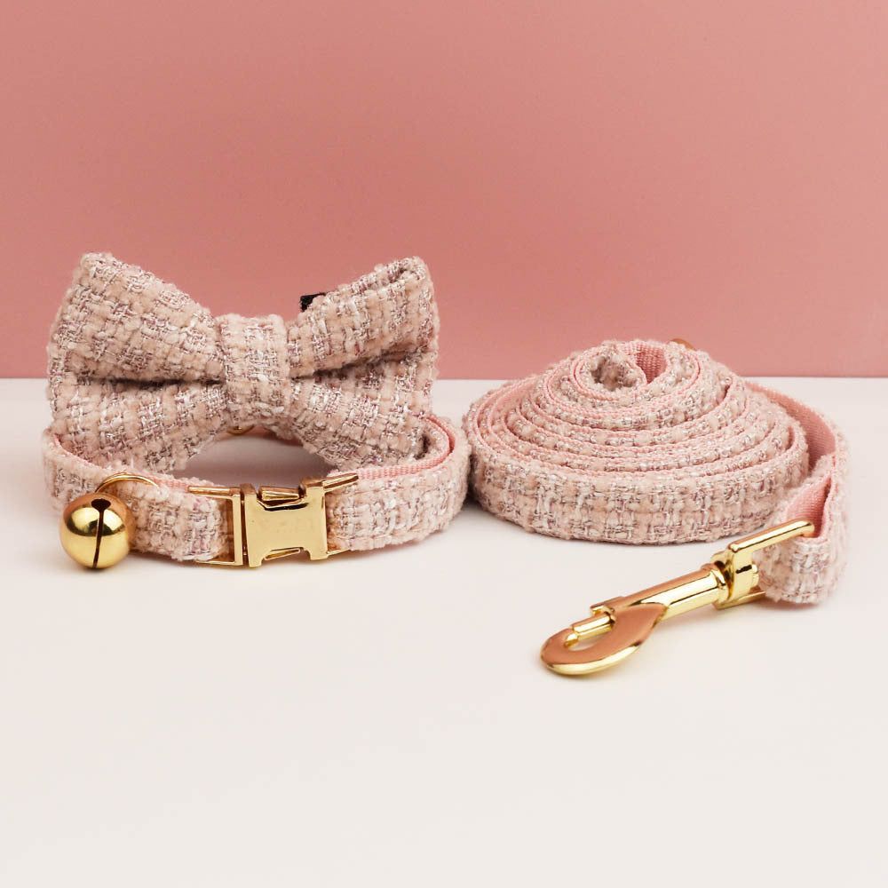 L Pink Elegant Tweed Pet Collar and Leash Set - Adjustable Cat and Small Dog Collar with Removable Bow Tie and Gold Bell