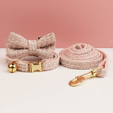 L Pink Elegant Tweed Pet Collar and Leash Set - Adjustable Cat and Small Dog Collar with Removable Bow Tie and Gold Bell