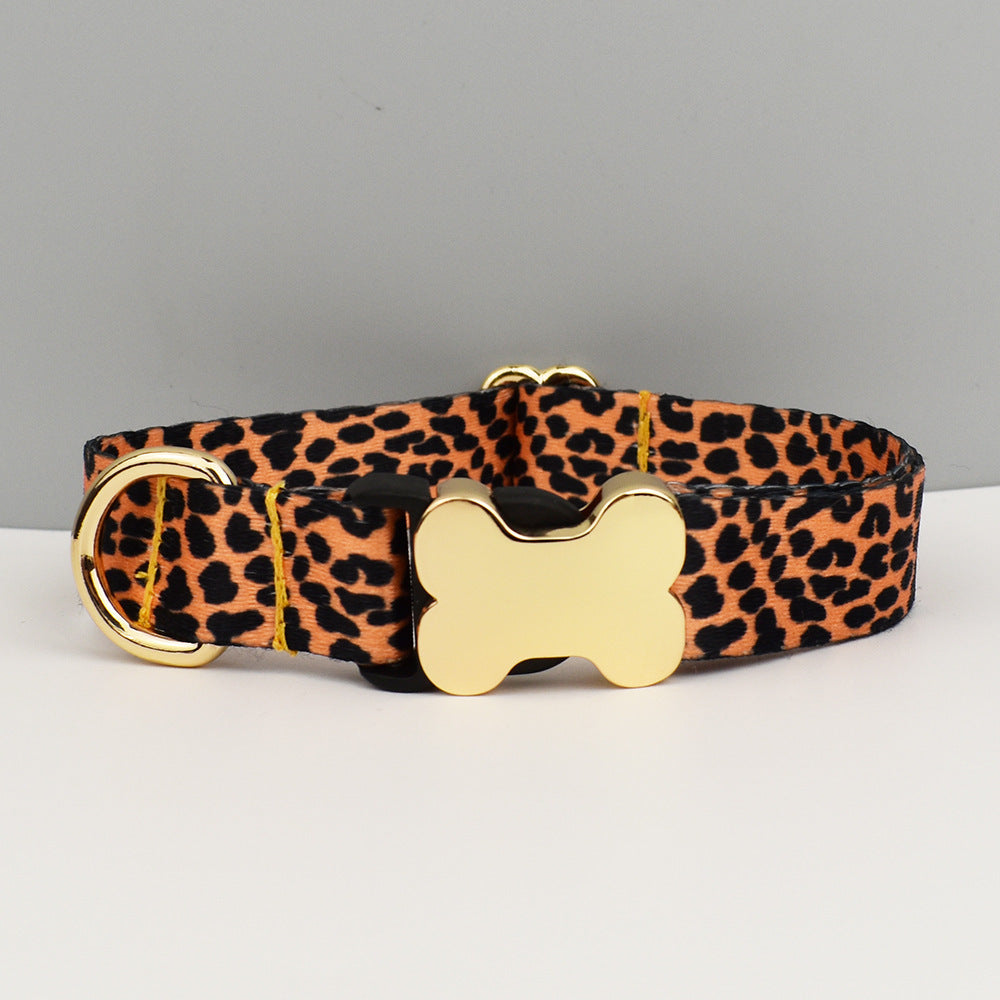 XL Leopard Print Boho Patterned Dog Collar with Gold Metal Bone Buckle Adjustable Tribal & Leopard Print Neck Strap for Puppies & Dogs