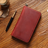Wine Red Genuine Crazy Horse Leather Fountain Pen Case Zippered Organiser Pouch with 5 Elastic Loops & Mesh Pocket Vintage Stationery Holder